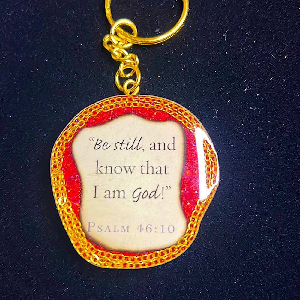 Resin keychain. Gold chain trim, red chunky glitter with Bible verse❤️